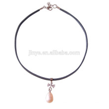 Süßwasser Perlenkette Collier Boho schwarz Leder Choker Halskette